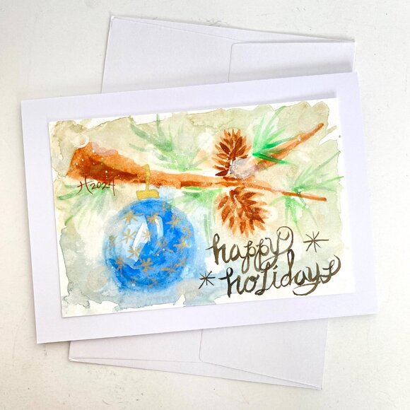 Happy Holidays Christmas Blank Greeting Card Original Handmade Bokeh Watercolor - Picture 4 of 4